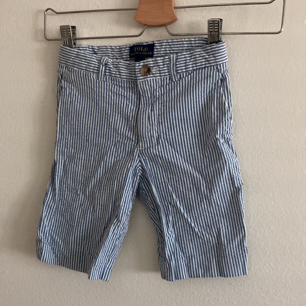 Polo shorts in blue and white seersucker stripe Boys size 6